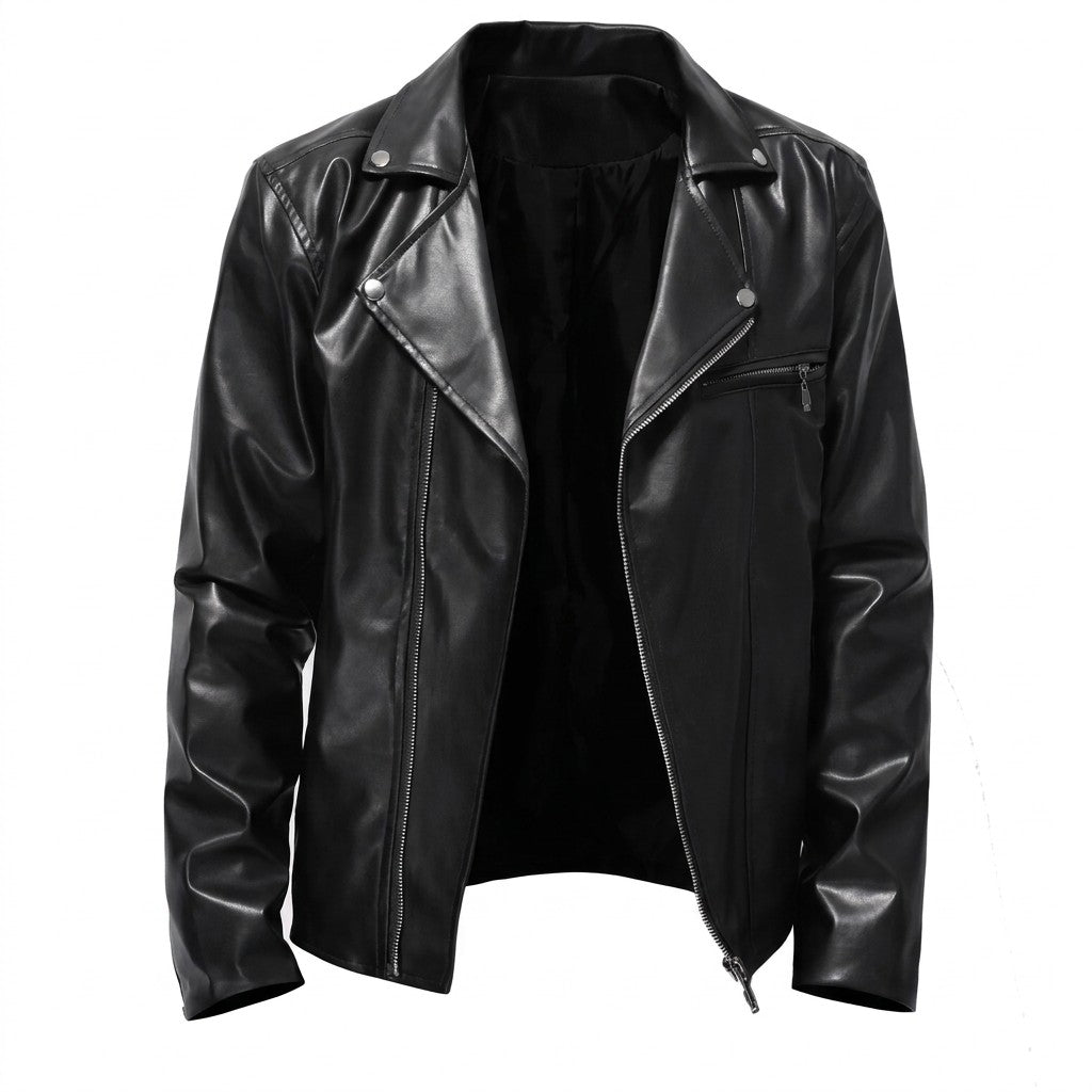 Blouson motard en cuir noir Firmin pour homme, col à revers et zip décentré, vue de face sur fond blanc