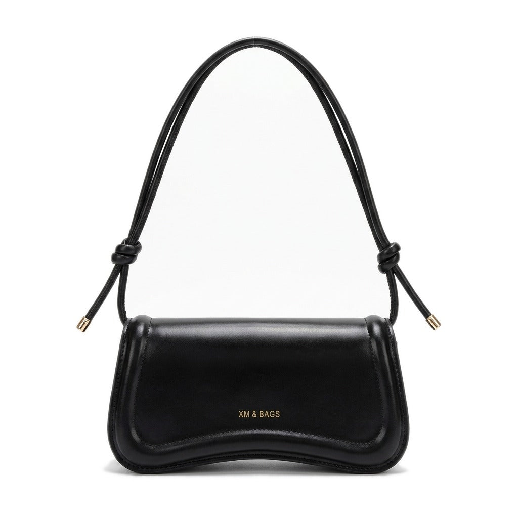 Sac baguette à nœuds en cuir noir Domitille, vue de face sur fond blanc