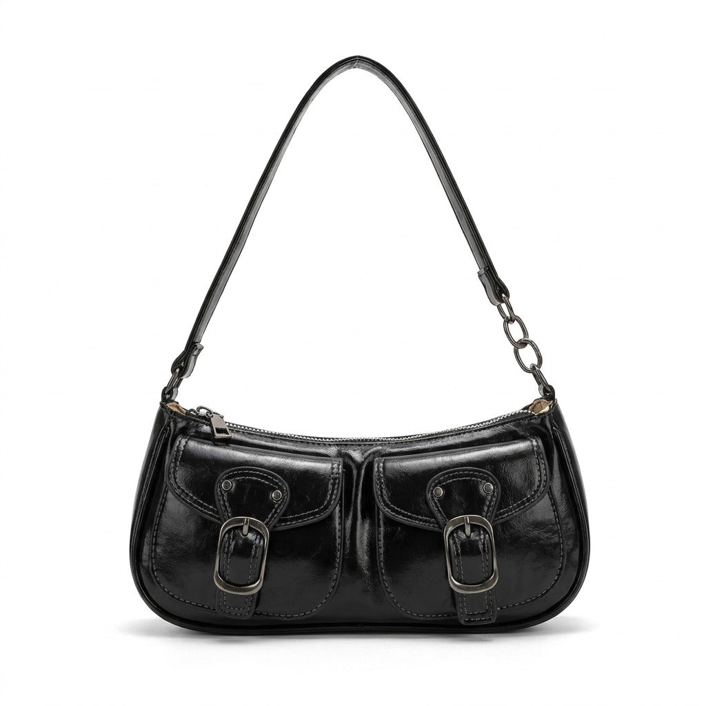 Sac porté épaule en cuir noir Garance à deux poches et boucles argentées, vue de face sur fond blanc