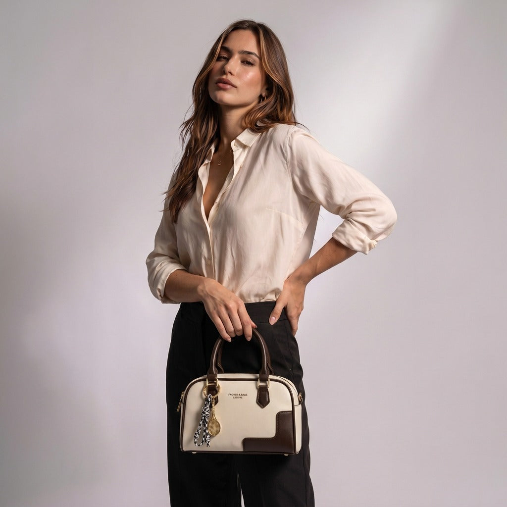 Femme tenant le mini sac bowling Iris blanc cassé et marron par ses anses