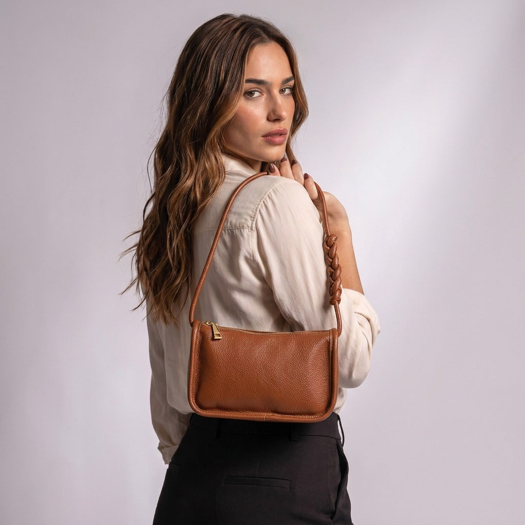 Sac Capucine cognac porté à l'épaule, vue de dos