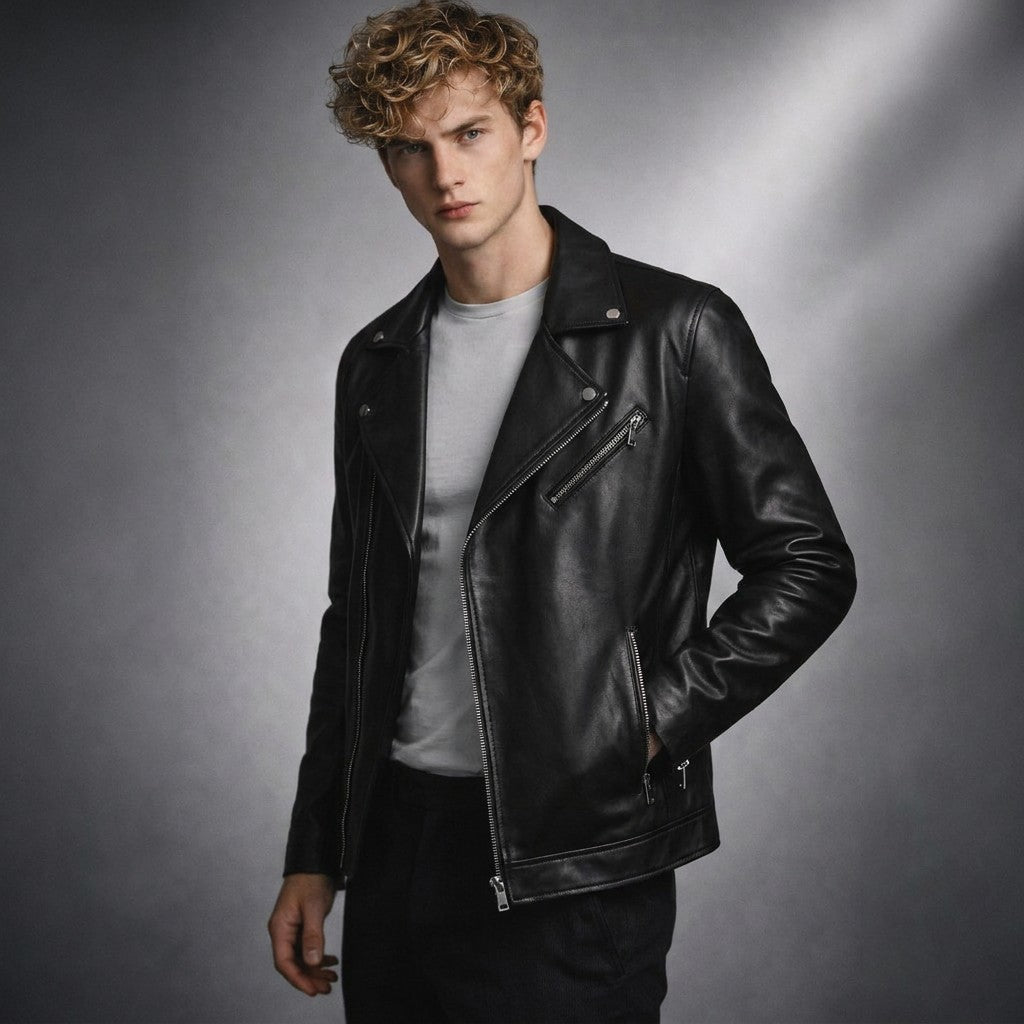 Homme portant le blouson motard Firmin noir ouvert sur un t-shirt gris, main dans la poche