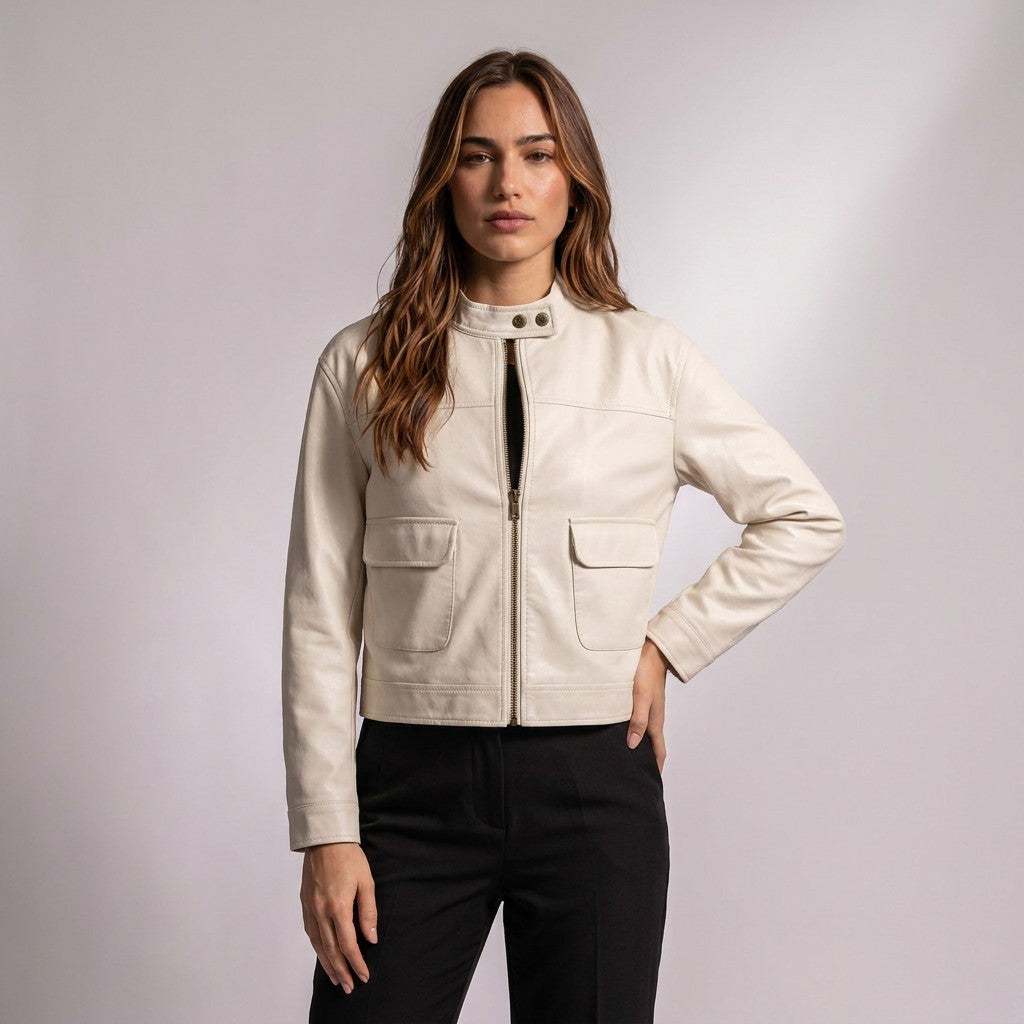 Femme portant la veste courte Pauline blanc cassé zippée, main sur la taille