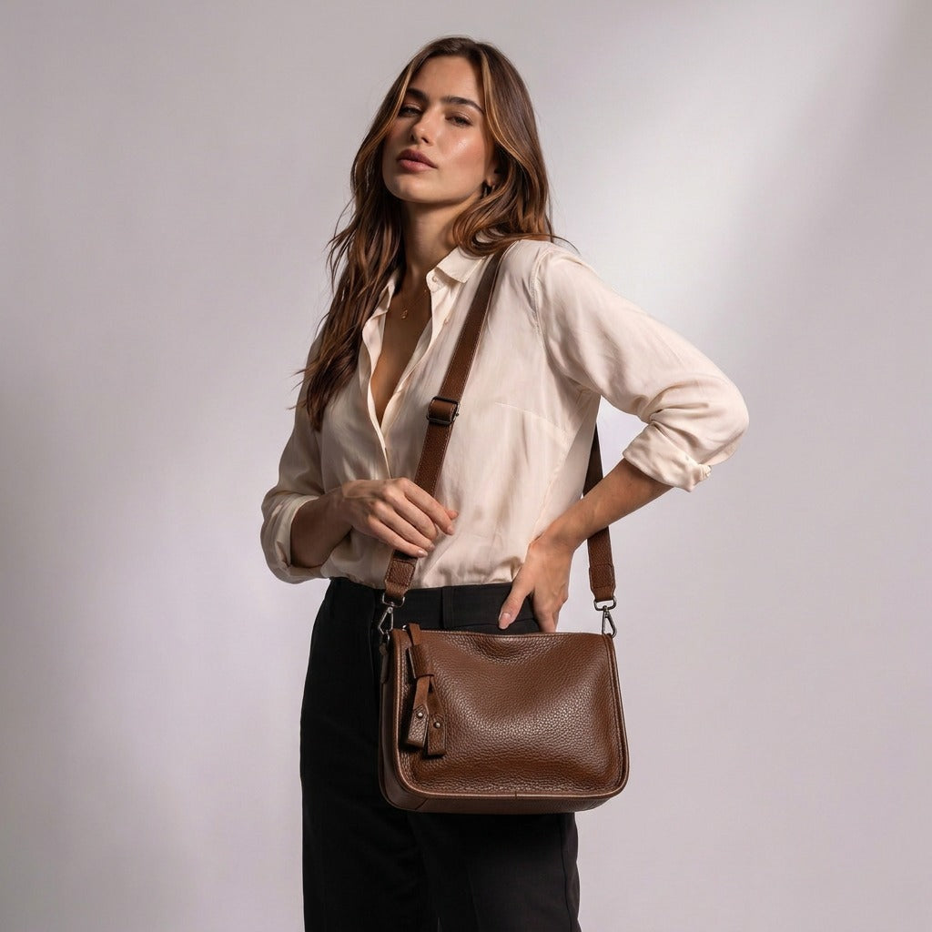 Femme portant le sac besace Clarisse marron en bandoulière croisée