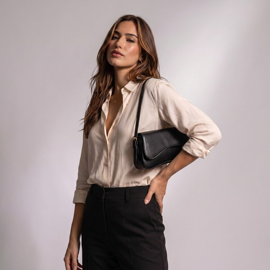 Femme portant le sac baguette Romy noir sous le bras, main sur la taille