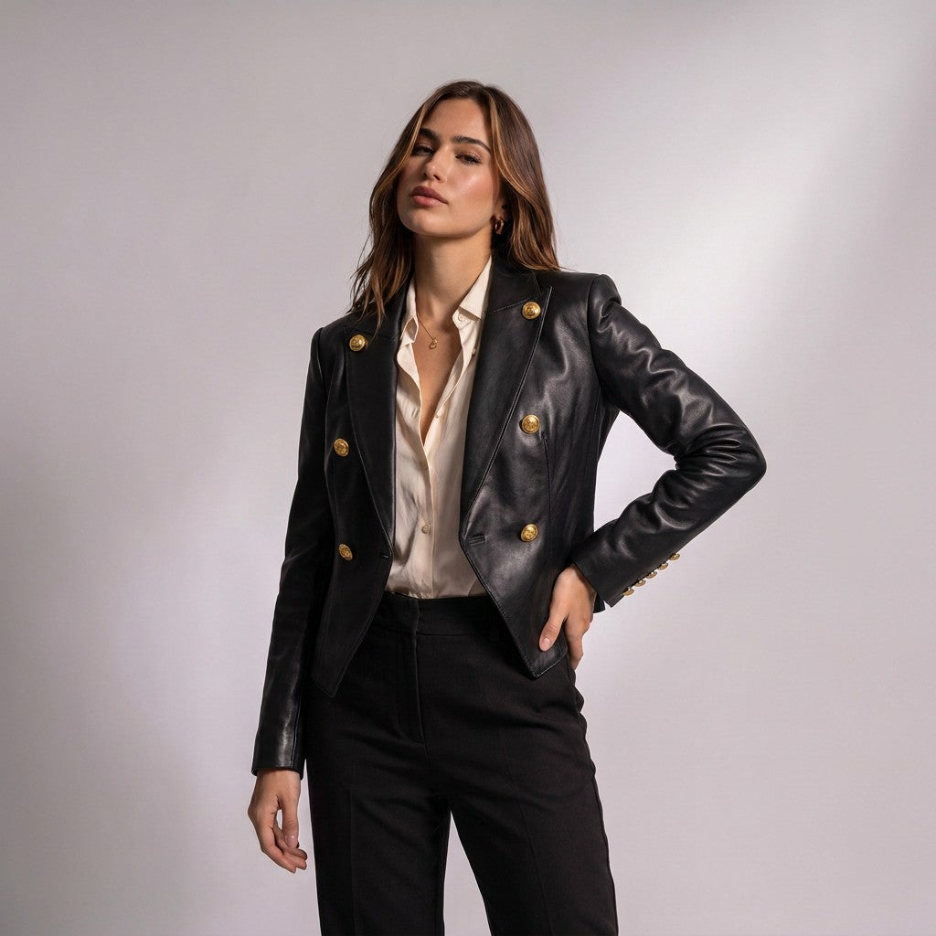 Femme portant la veste croisée Bertille noire sur un chemisier ivoire, main sur la taille