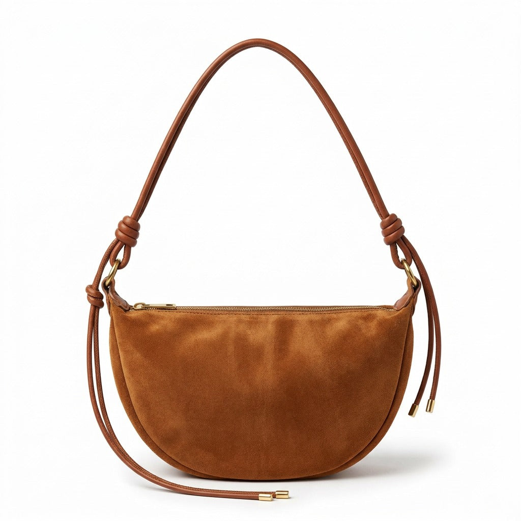Sac croissant en cuir cognac Héloïse, vue de face sur fond blanc