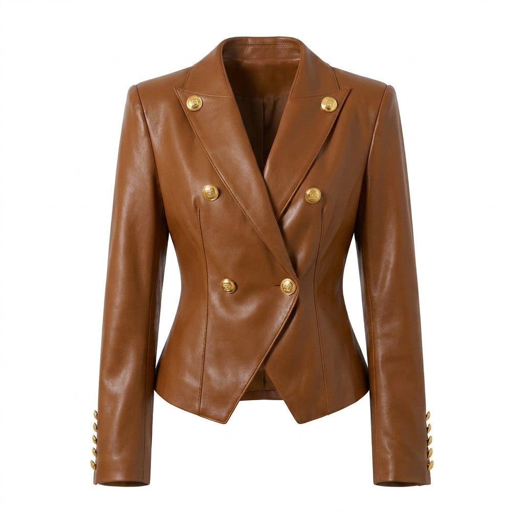 Veste croisée en cuir cognac Bertille, vue de face sur fond blanc