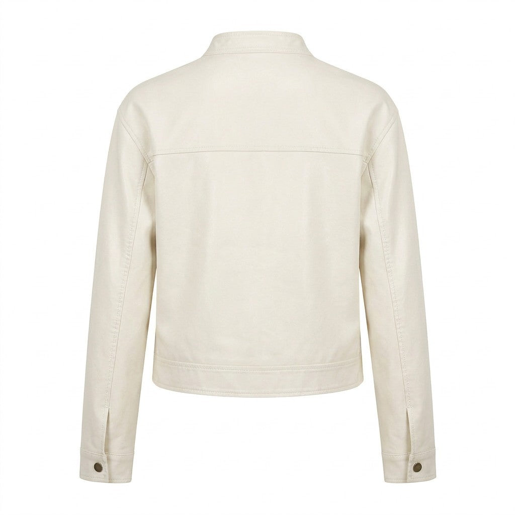 Dos de la veste courte Pauline blanc cassé avec empiècement surpiqué, sur fond blanc
