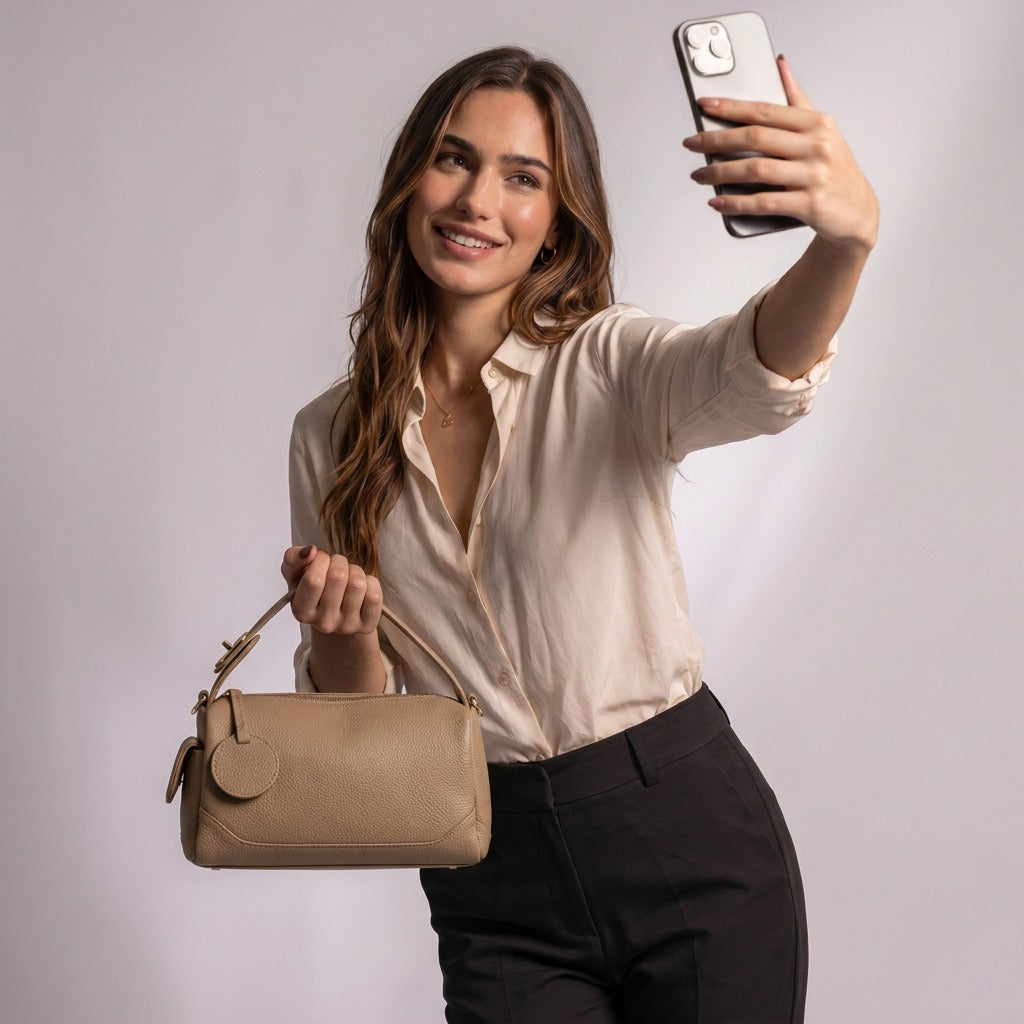 Femme prenant un selfie avec le sac bowling Lucille beige à la main