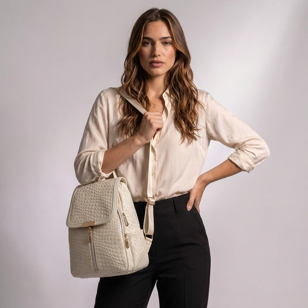 Femme portant le sac à dos Eulalie blanc cassé sur une épaule, main sur la hanche