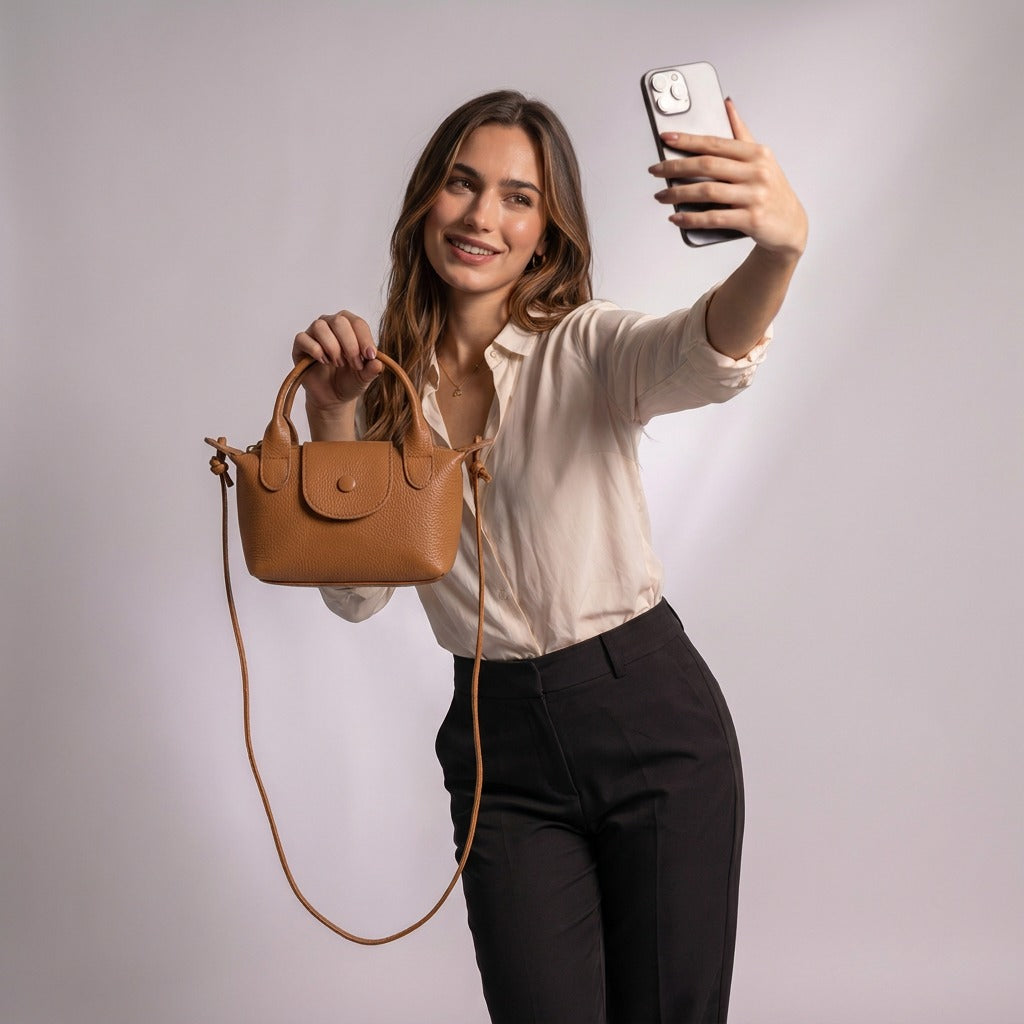 Femme tenant le petit sac Noémie camel par ses deux anses