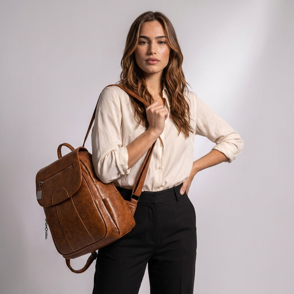 Femme portant le sac à dos Marceline cognac sur une épaule, main sur la hanche