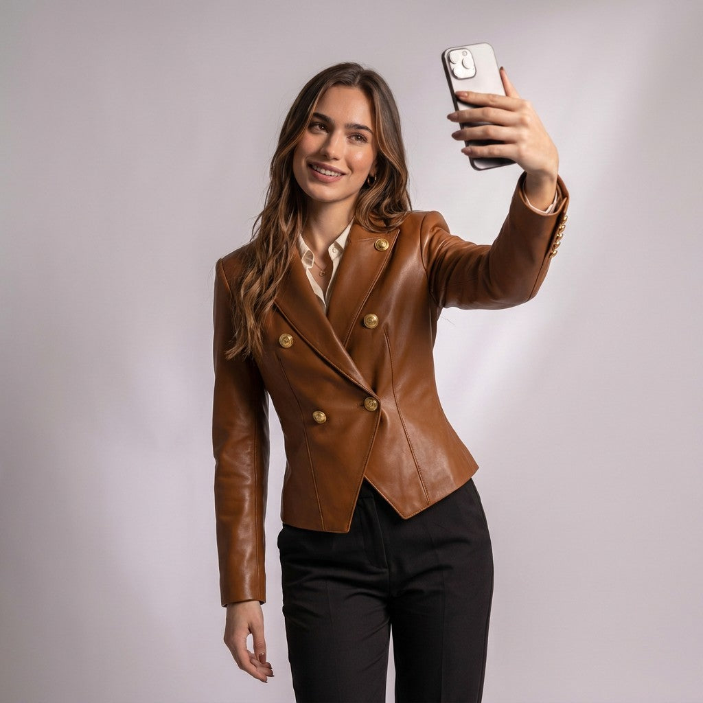 Femme prenant un selfie dans la veste en cuir cognac Bertille