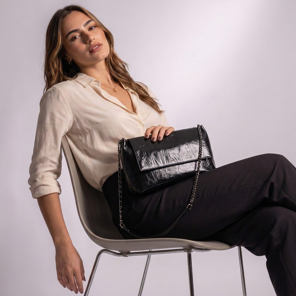 Femme assise avec le sac cabas Valentine noir posé sur les genoux