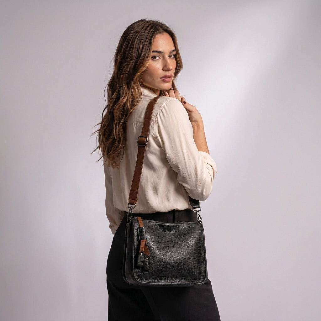 Sac besace Clarisse noir porté à l'épaule, vue de dos