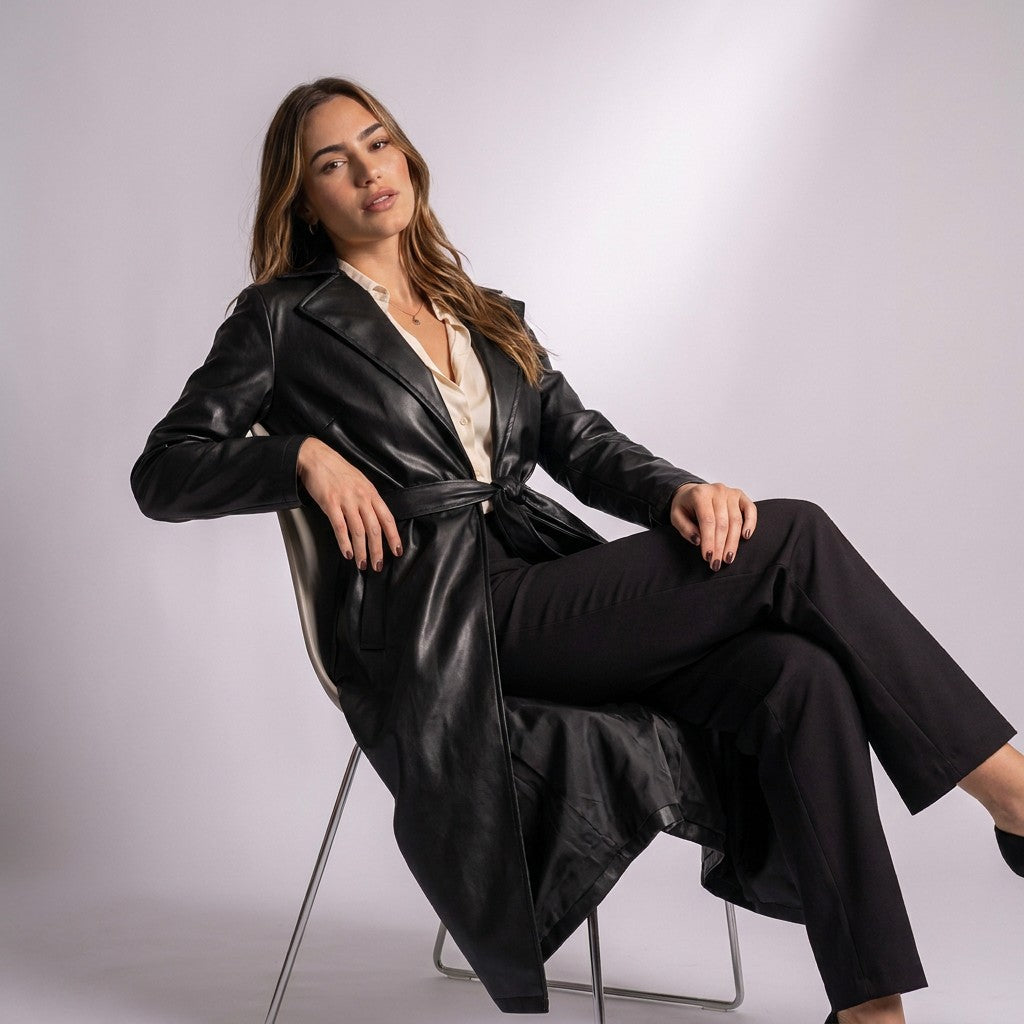 Femme assise sur une chaise portant le trench long Cassandre noir