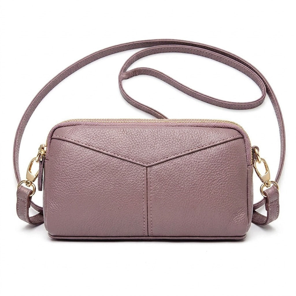 Sac bandoulière en cuir lavande Mathilde, vue de face sur fond blanc