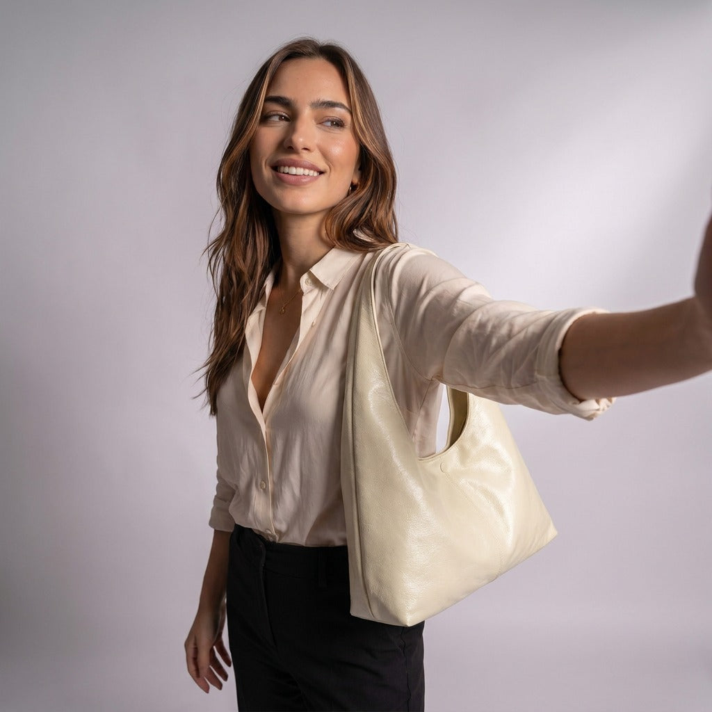 Femme souriante portant le sac hobo Jeanne blanc cassé à l'épaule