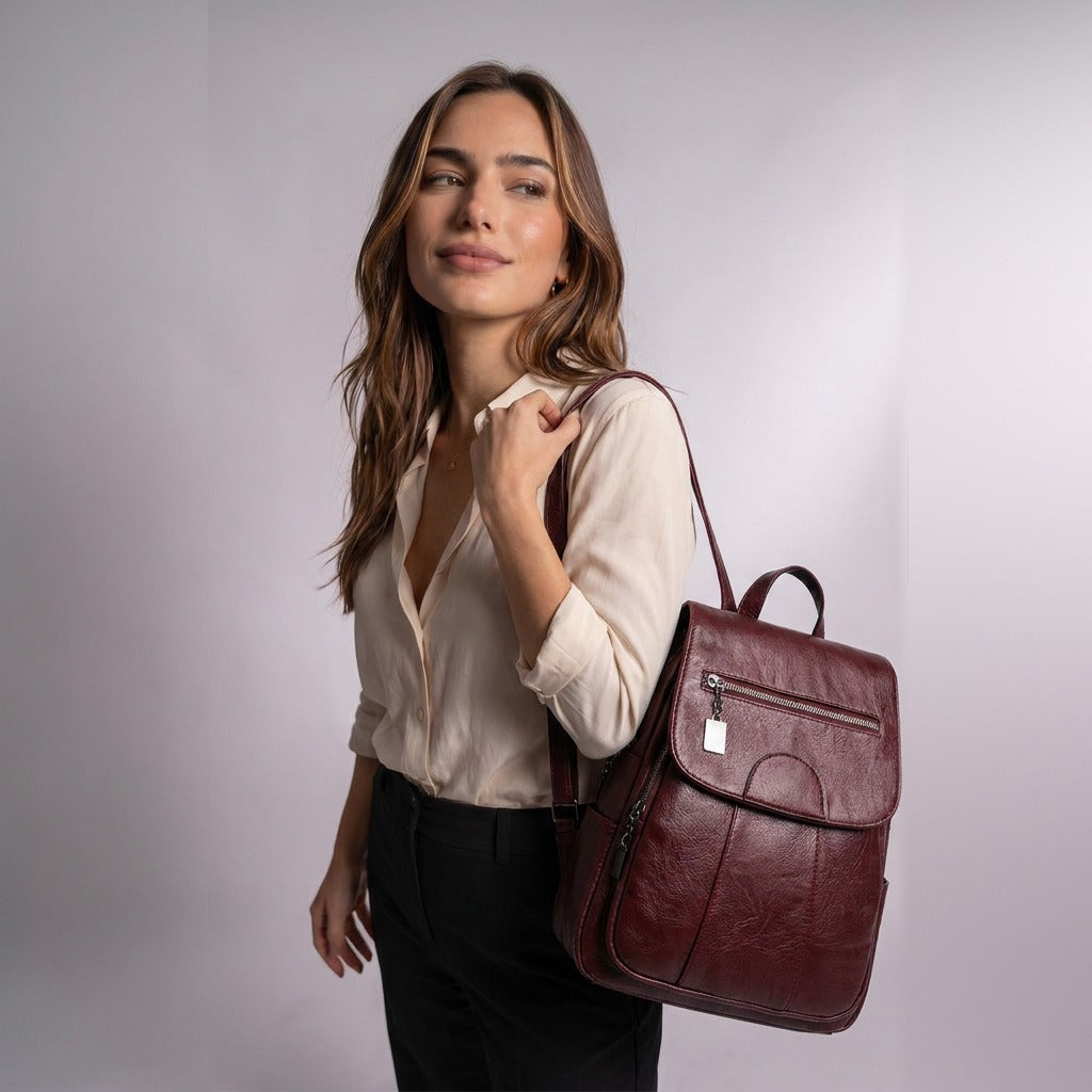 Femme portant le sac à dos Marceline bordeaux sur l'épaule