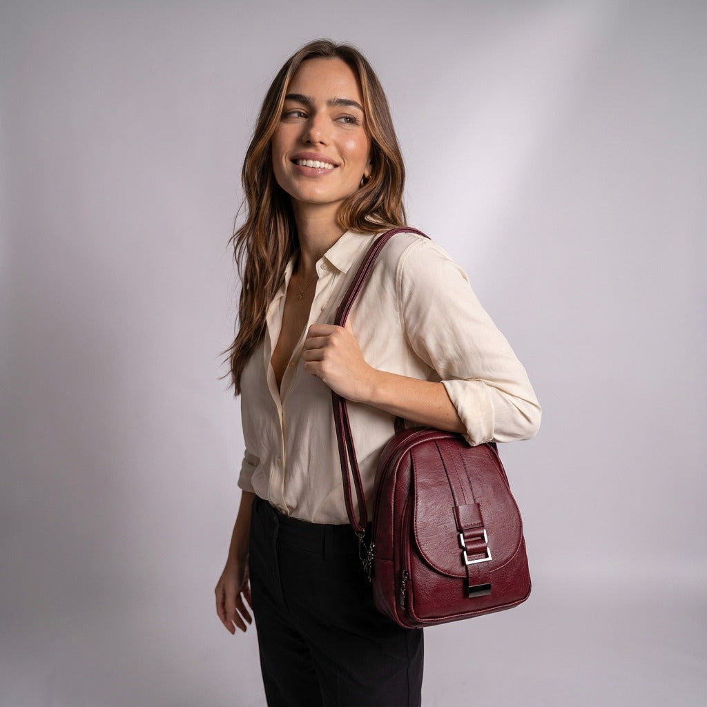 Femme souriante portant le sac à dos Ninon bordeaux sur l'épaule