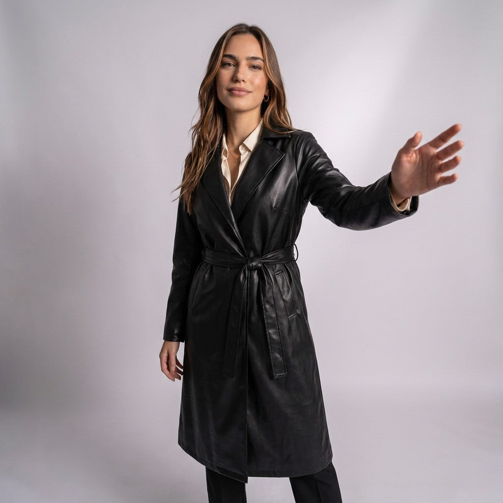 Femme souriante tendant le bras, vêtue du trench en cuir Cassandre