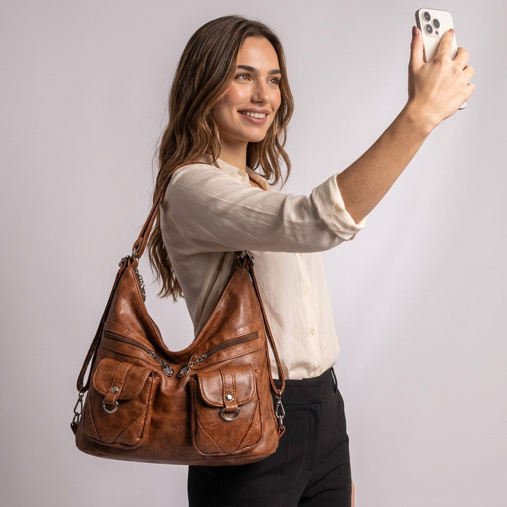 Femme prenant un selfie avec le sac Nine cognac à l'épaule