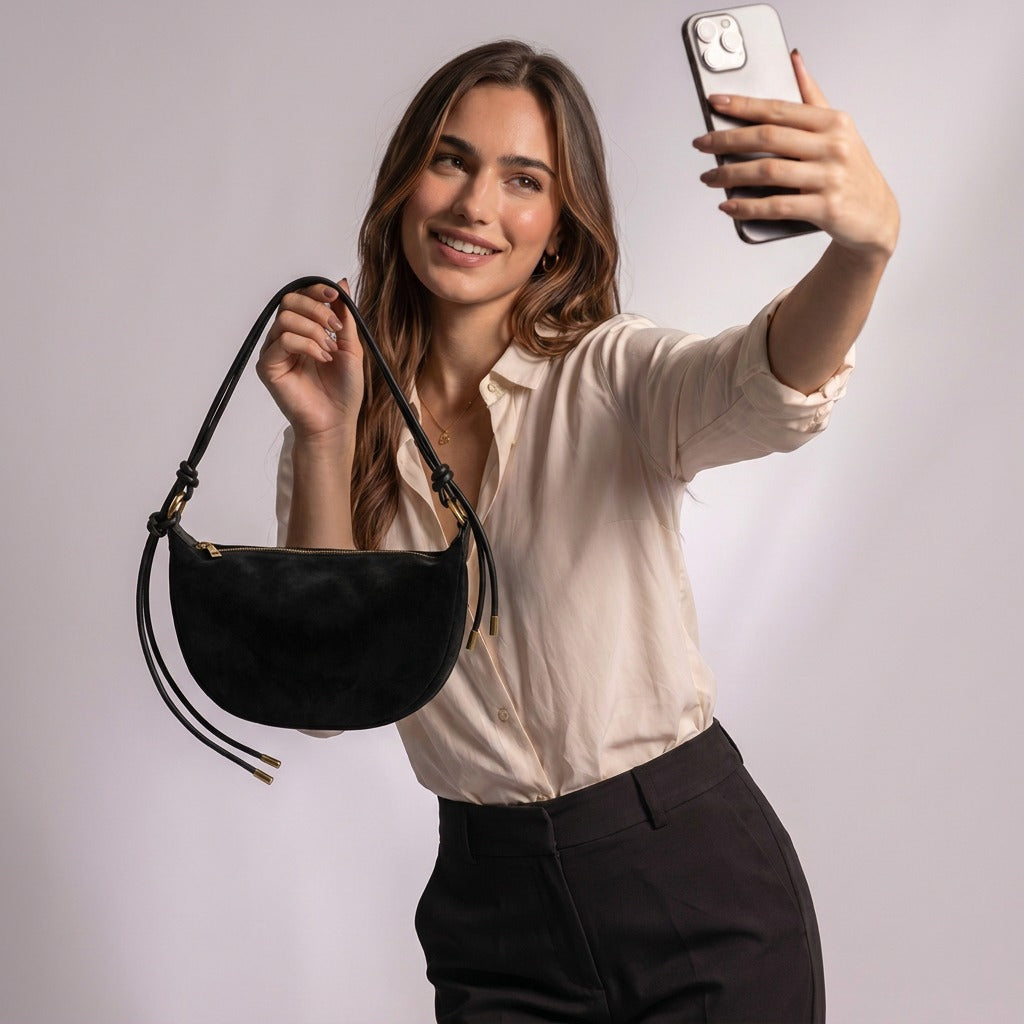 Femme prenant un selfie avec le sac croissant Héloïse noir à la main