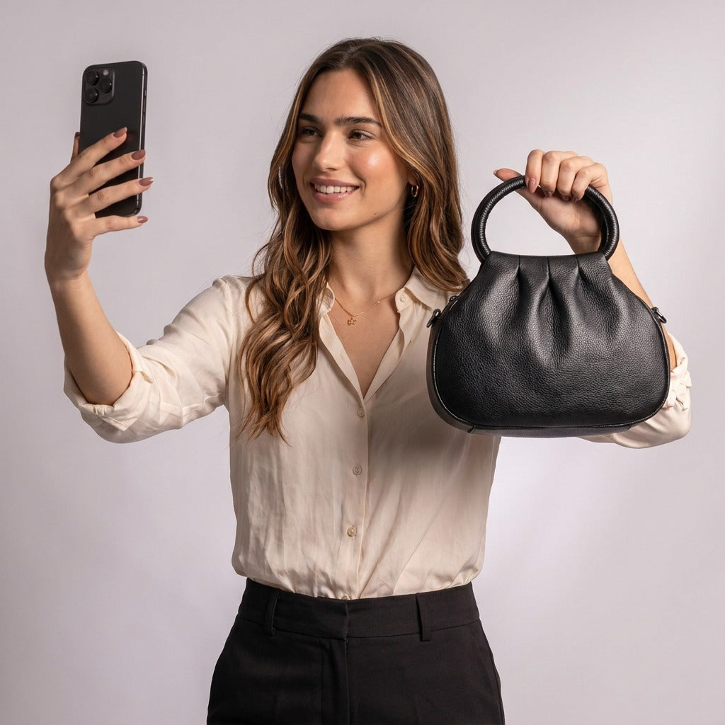 Femme prenant un selfie avec le sac à main Apolline noir tenu par l'anse