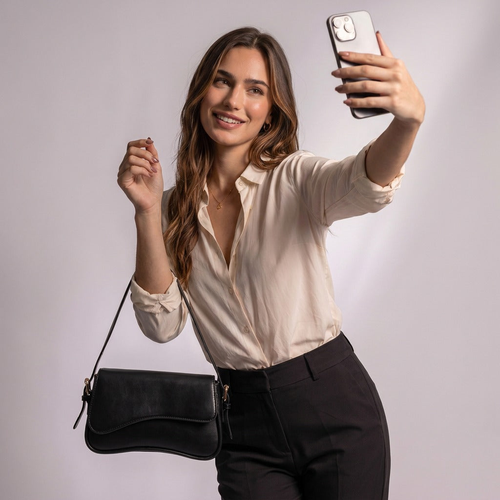 Femme prenant un selfie avec le sac baguette Romy noir