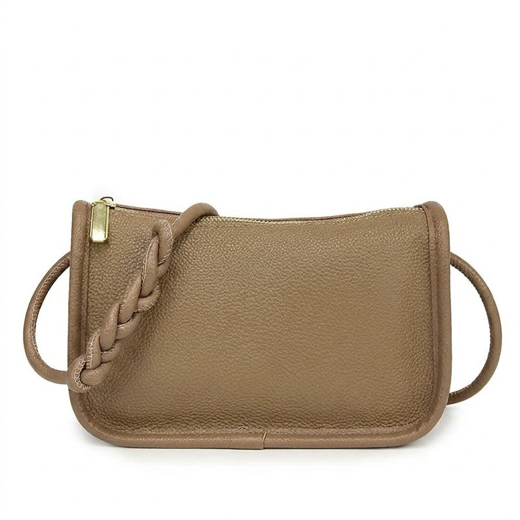 Sac porté épaule en cuir taupe Capucine, vue de face sur fond blanc