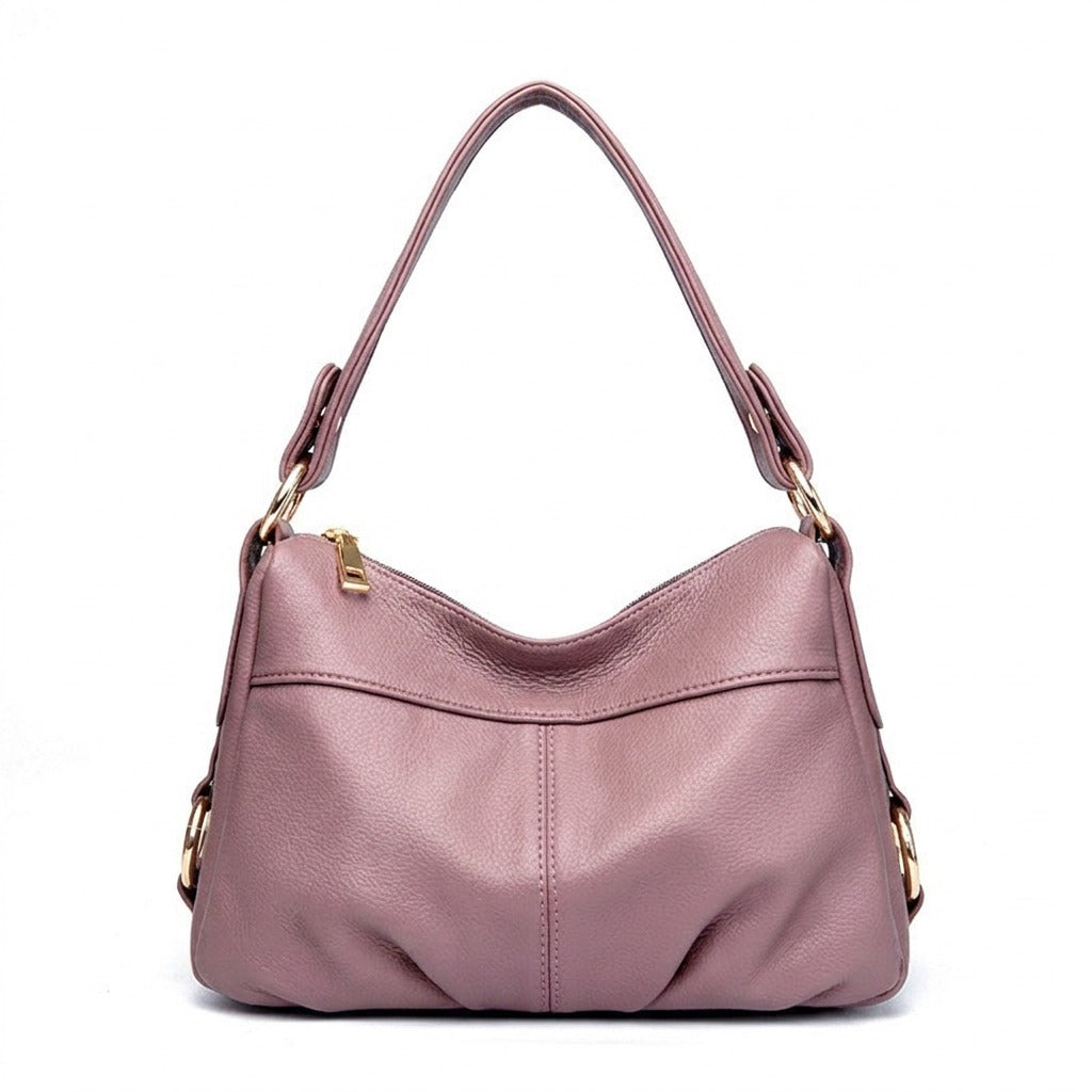 Sac à Main Souple en Cuir pour Femme - Joséphine en vieux rose, vue de face sur fond blanc