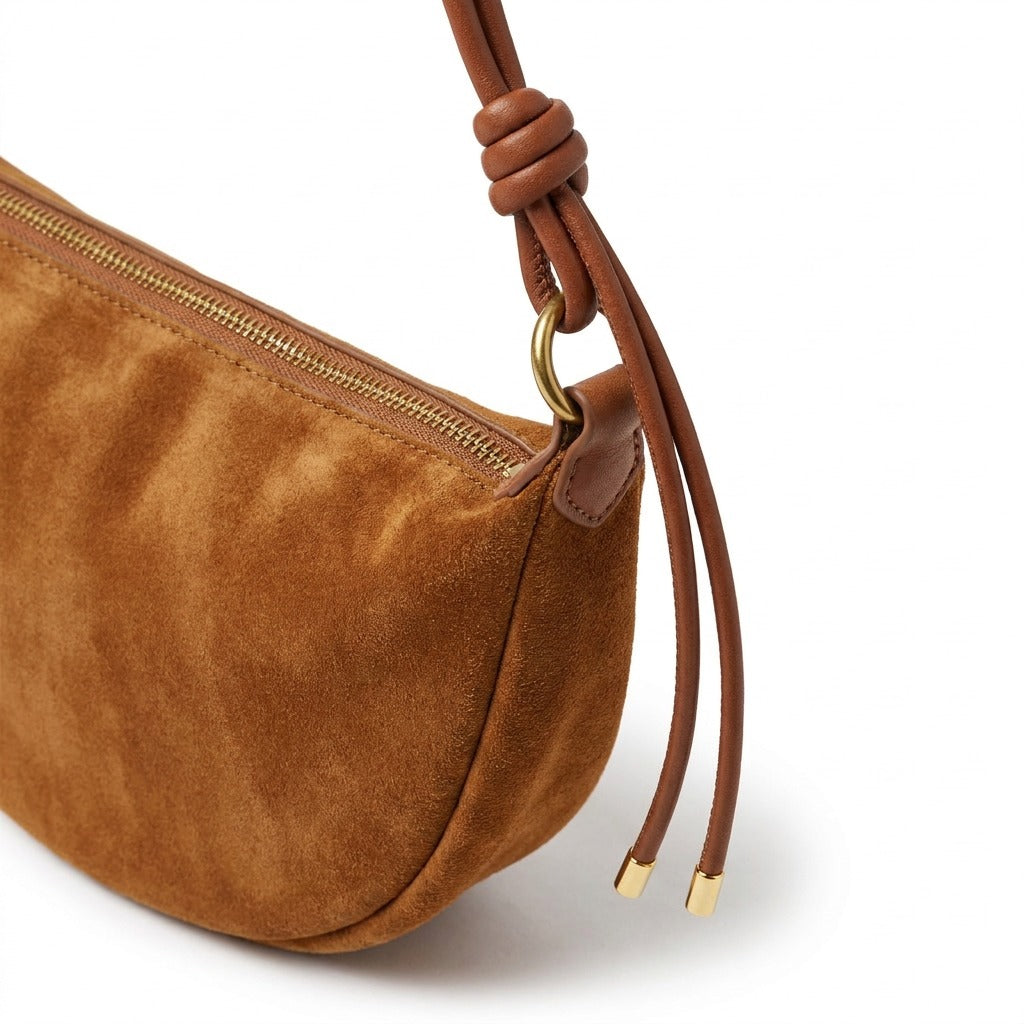 Détail de l'anneau doré, des nœuds et des embouts dorés du sac Héloïse cognac