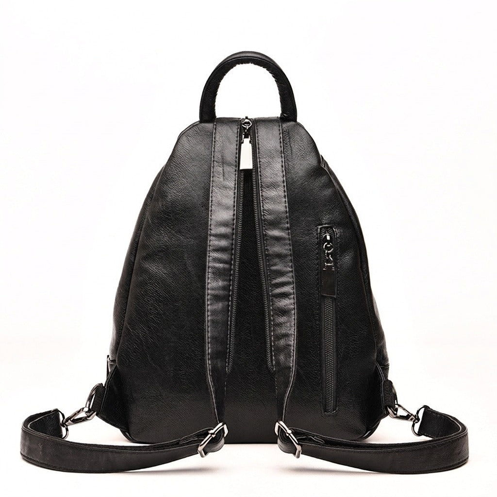 Dos du sac à dos Ninon noir avec poche verticale zippée et bretelles à mousquetons