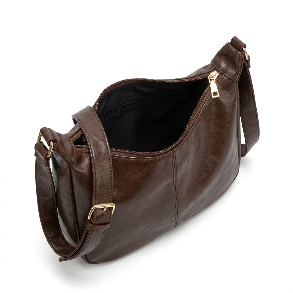 Sac hobo Colombe chocolat ouvert montrant le grand compartiment doublé de noir