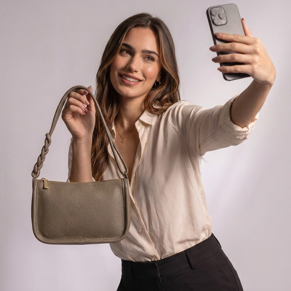 Femme prenant un selfie avec le sac Capucine taupe tenu par son anse