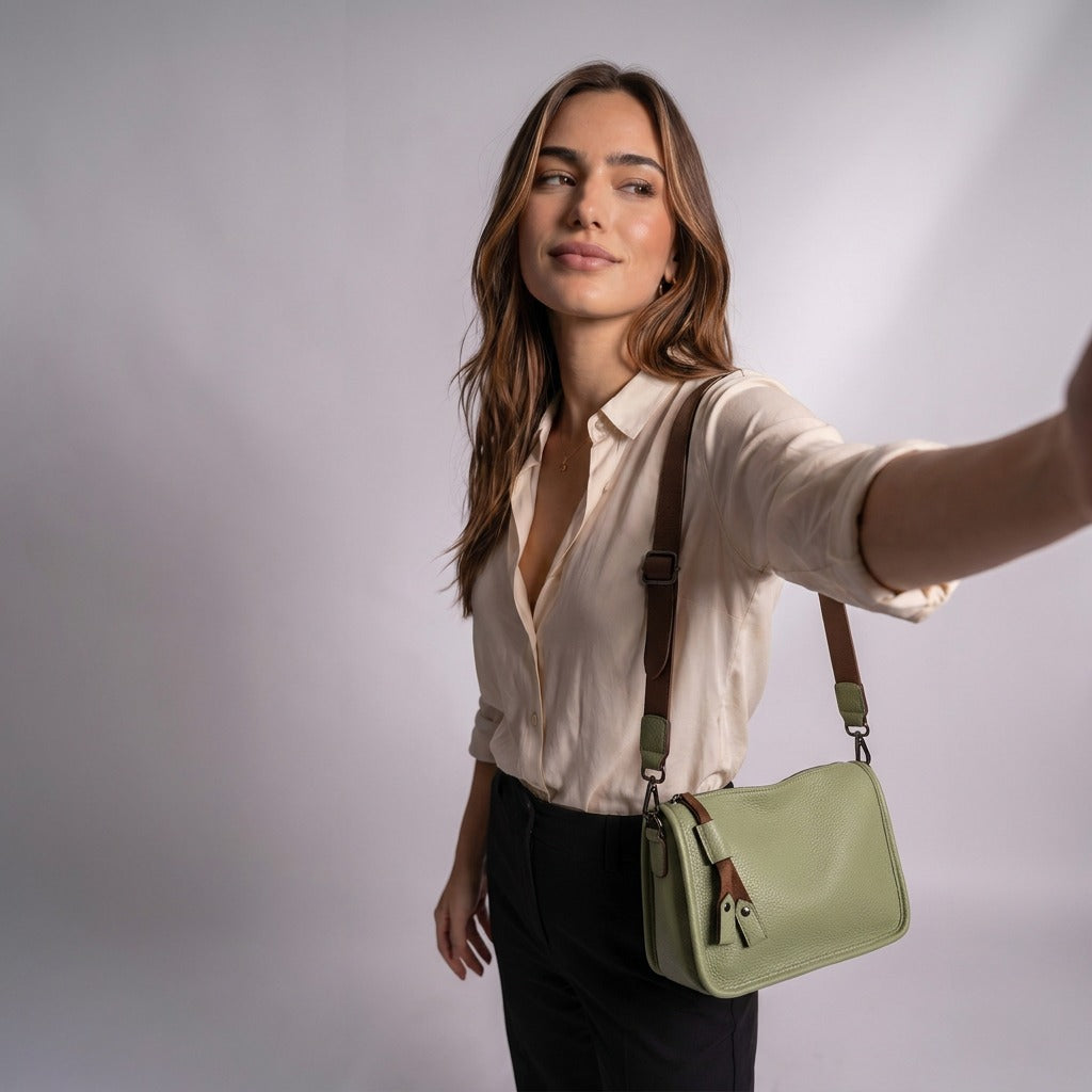 Sac besace Clarisse vert sauge porté à la hanche par une femme souriante