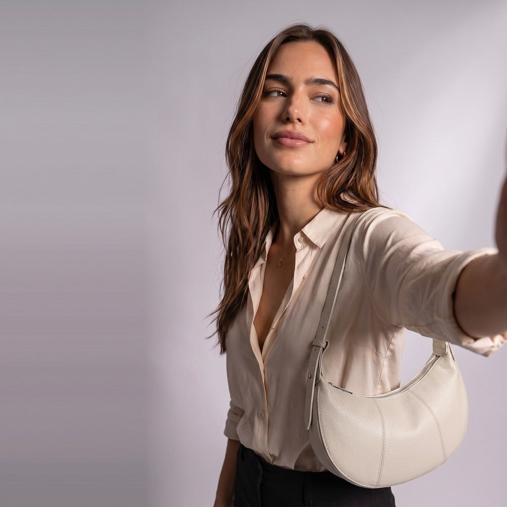 Sac demi-lune en cuir Eugénie blanc cassé porté à l'épaule