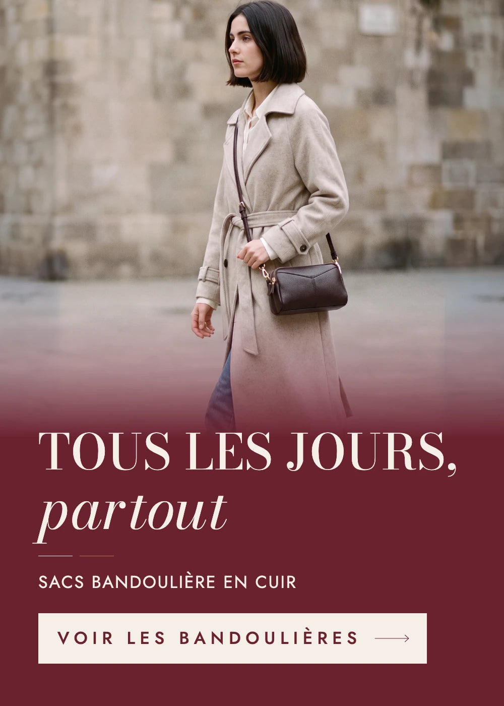 Tous les jours, partout : sac bandoulière en cuir café Mathilde (mobile)