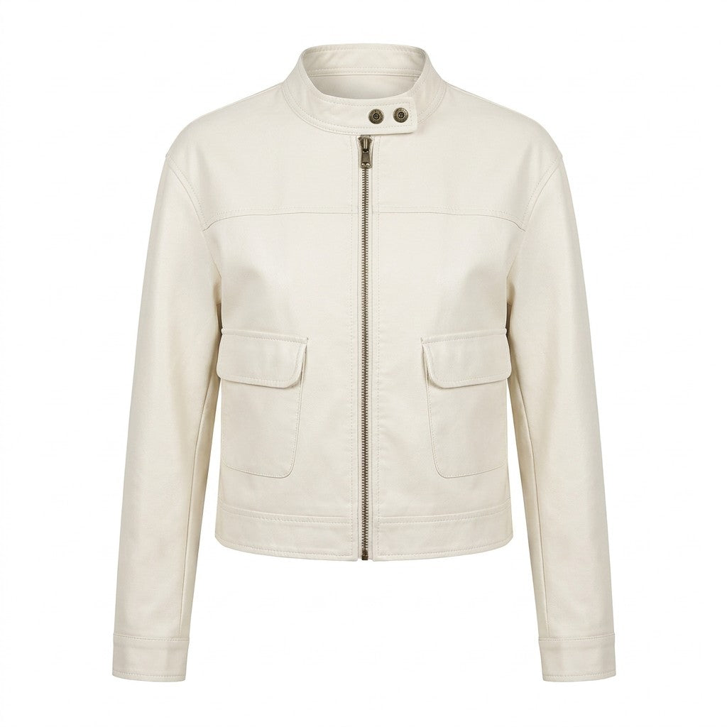 Veste courte en cuir blanc cassé Pauline pour femme, col montant à pressions, vue de face sur fond blanc