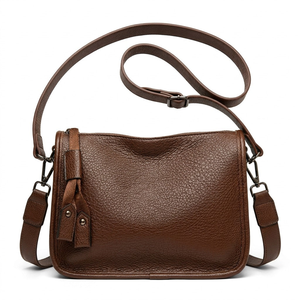 Sac besace en cuir marron Clarisse avec bandoulière en cuir lisse, vue de face sur fond blanc