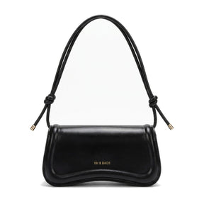 Sac baguette à nœuds en cuir noir Domitille, vue de face sur fond blanc
