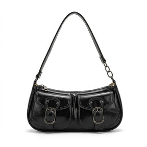 Sac porté épaule en cuir noir Garance à deux poches et boucles argentées, vue de face sur fond blanc