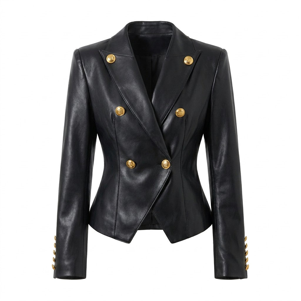Veste croisée en cuir noir Bertille pour femme, boutons dorés, vue de face sur fond blanc