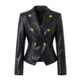 Veste croisée en cuir noir Bertille pour femme, boutons dorés, vue de face sur fond blanc