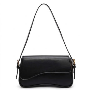 Sac baguette en cuir noir Romy à rabat ondulé, vue de face sur fond blanc
