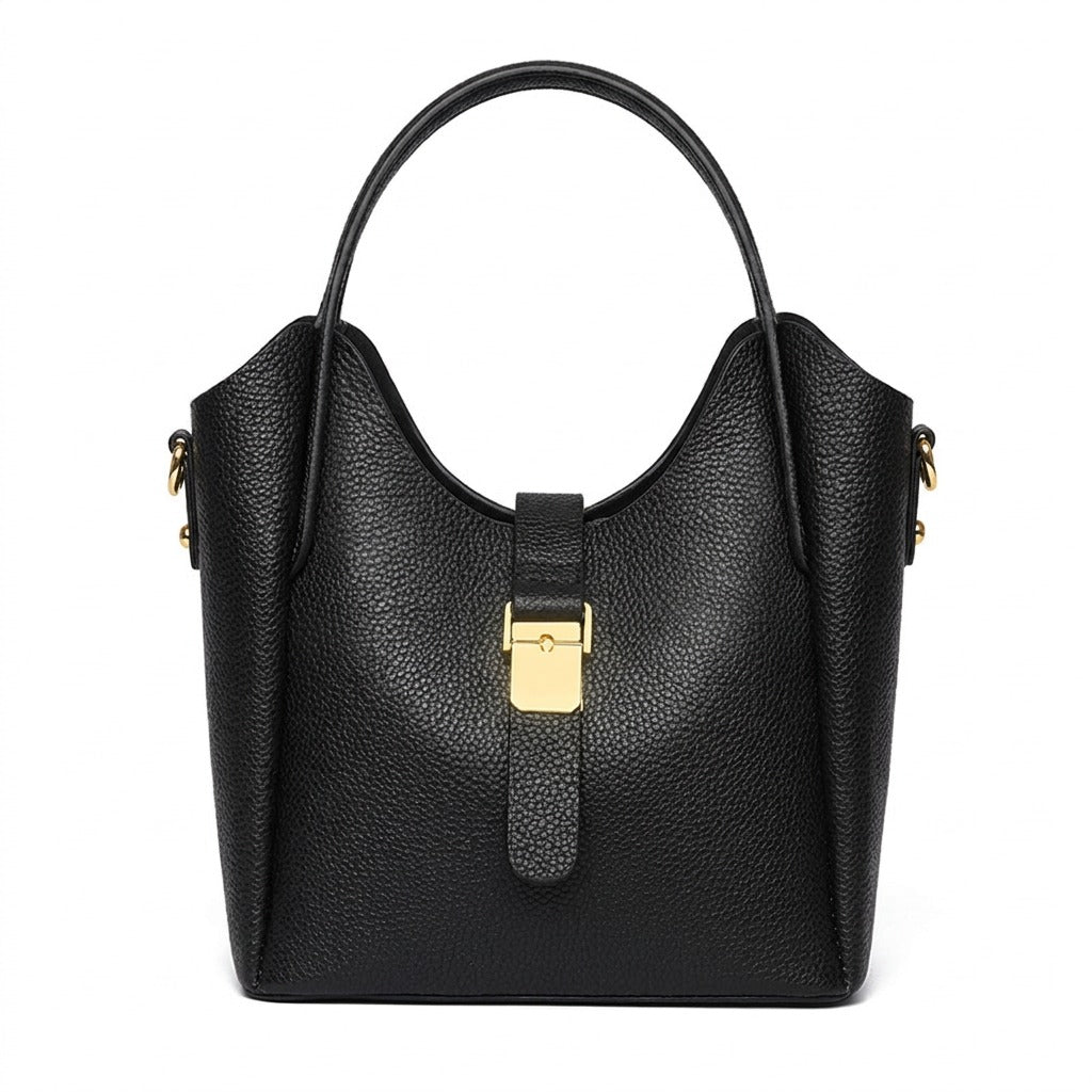 Sac Seau en Cuir pour Femme - Ondine en noir, vue de face sur fond blanc