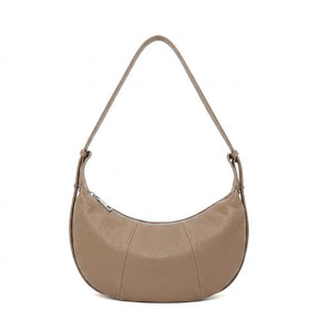 Sac Demi-Lune en Cuir pour Femme - Eugénie en taupe, vue de face sur fond blanc