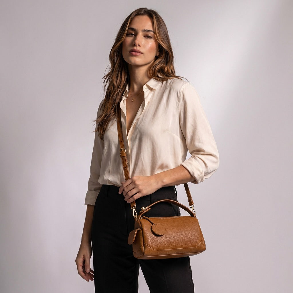Femme portant le sac bowling Lucille cognac en bandoulière
