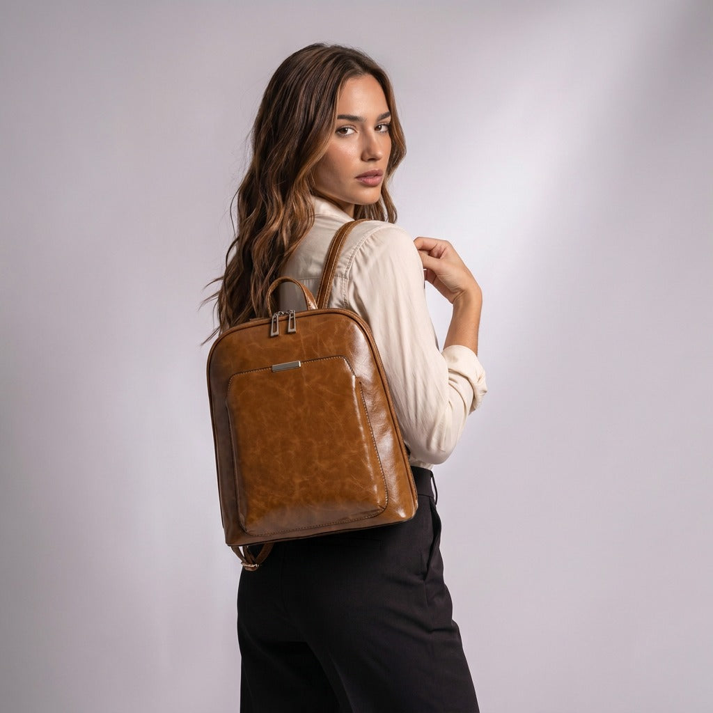 Femme portant le sac à dos Victoire cognac sur le dos, vue de dos
